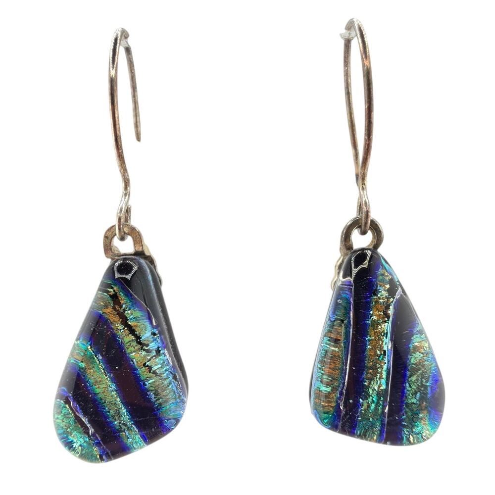 NEW Artisan Handcrafted Iridescent Fused Glass Dangle Earrings